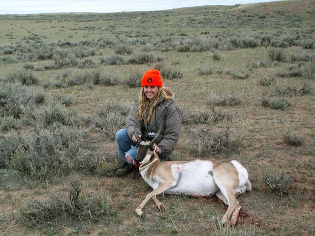 Wifes 2002 Wyoming Pronghorn
Heres one of the oldest antelope I've seen harvested. He was undoubtably mean as he'd broken off his flags and had countless scars on him from fighting. We snuck up on this bug from about half a mile and she got off a shot from within 100 yards dropping him.

Note how dark the nose and cheek patches are, hes one old bugger for sure.

