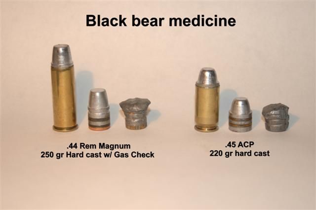 Bear Medicine
250 gr .44 mag and 220 gr .45 acp bullets before and recovered from black bears

